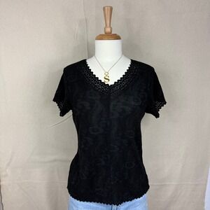 Once Again Petite Black Paisley Damask V-Neck Top Eyelet Scalloped Trim Top
